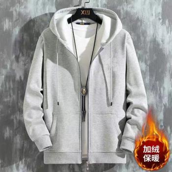 出口外貿~灰色加絨開衫連帽衛衣男女大碼寬松慵懶風拉鏈外套冬季