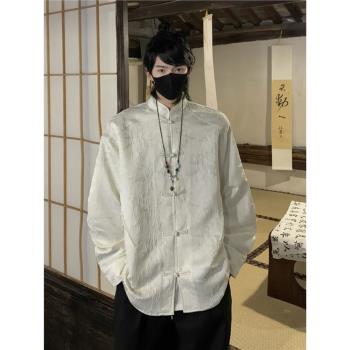 新中式立領提花襯衫男長袖國風唐裝外套春夏新款潮流寬松盤扣襯衣