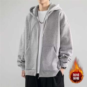 美式復古連帽衛衣男士春秋新款加絨加厚寬松潮牌休閑重磅長袖外套