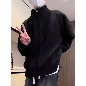 痞帥黑色拉鏈開衫毛衣男秋冬款保暖半高領外套高階感針織衫上衣潮