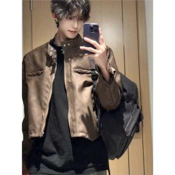 美拉德穿搭高街痞帥夾克情侶皮衣小眾設計潮牌短款外套男復古棕色