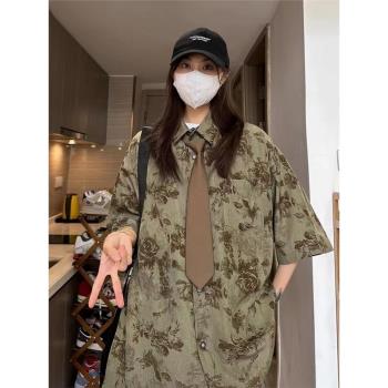 情侶vintage古巴領花襯衫男短袖冰絲七分袖襯衣夏威夷巴洛克外套