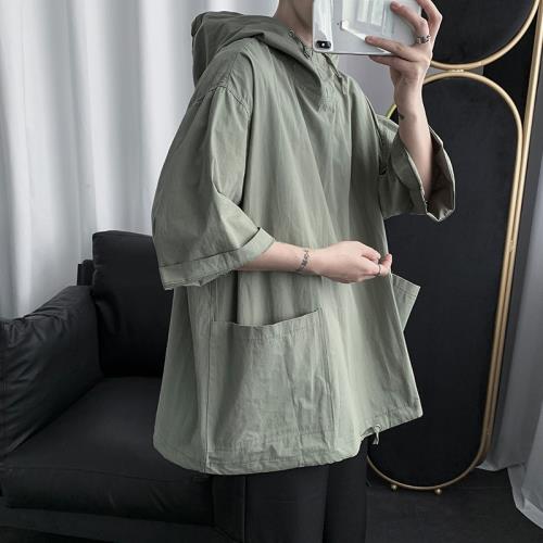 夏季薄款七分袖外套男連帽寬松ins港風潮牌痞帥7分中袖襯衫防曬衣