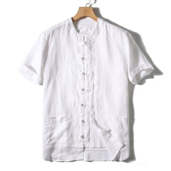 中山裝夏季亞麻短袖道袍外套男新中式國風漢服加肥加大碼襯衫