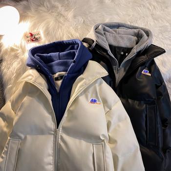 假兩件棉衣男冬季韓版寬松PU皮百搭連帽棉服港風潮牌帥氣棉襖外套