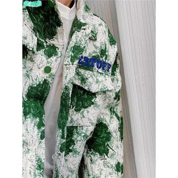 花襯衫美式復古雪花刺繡牛仔襯衣男春秋街頭寬松潮牌情侶休閑外套