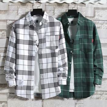 耐磨工作防曬服長袖港風格子襯衫