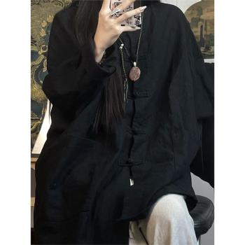 2024春季新中式國風上衣禪意茶服清冷盤扣寬松外套棉麻襯衣長袖
