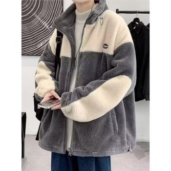 羊羔絨棉衣外套男冬季新款加絨加厚棉服加肥加大碼學生立領棉襖子