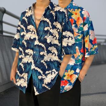 夏威夷花襯衫男短袖冰絲潮ins痞帥沙灘襯衣夏季薄款寬松半袖外套
