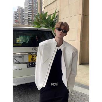 小眾解構短款機車皮夾克外套男春秋季設計高階感炸街墊肩休閑皮衣