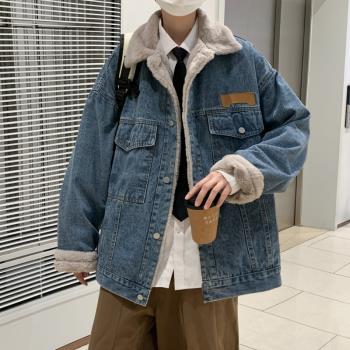 2024冬季新款加厚翻領保暖港風ins牛仔外套潮流寬松情侶休閑棉服