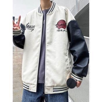 春秋棒球服字母印花拼色皮夾克
