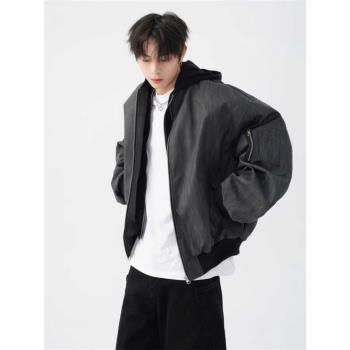 原創設計美式復古棒球服男春季寬松休閑上衣連帽pu皮紋理夾克外套