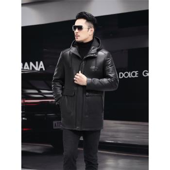 中長款羽絨服連帽加厚真皮皮衣