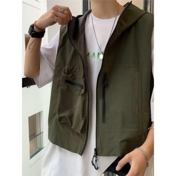 美式潮牌短款機能多口袋連帽馬甲男夏季薄款山系寬松背心工裝外套