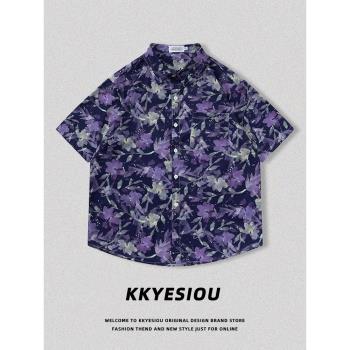 KKyesiou美式潮牌設計感碎花紫色短袖襯衫男女復古嘻哈情侶bf外套
