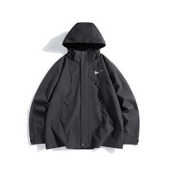 美式戶外登山服秋春季拼色外穿防風防水夾克沖鋒衣男情侶連帽外套