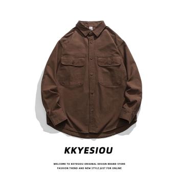 KKyesiou美式復古潮牌美拉德工裝長袖襯衫男女vintage情侶春外套