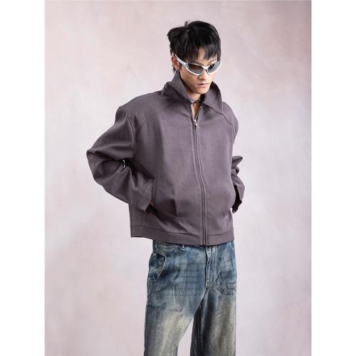 PLAN1ONE美式復古簡約短款夾克男煙紫廓形高級大墊肩翻領純色外套