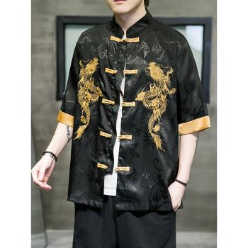 中國風男裝唐裝龍刺繡改良漢服短袖襯衫男夏季新款大碼禪服外套潮