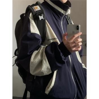 美式復古拼接翻領工裝夾克男女春秋oversize情侶百搭運動撞色外套