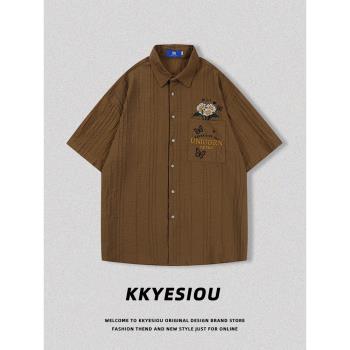 KKyesiou美式復古潮牌刺繡情侶短袖襯衫男女中性學院風休閑bf外套