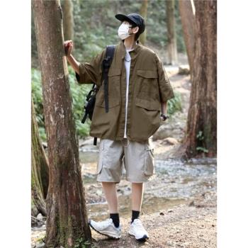 山系工裝襯衫男短袖夏季日系cityboy外套古著vintage美式半袖襯衣
