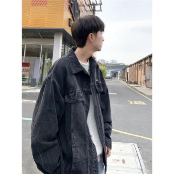 水洗做舊工裝牛仔外套男士秋季韓版潮流上衣寬松帥氣漸變夾克翻領
