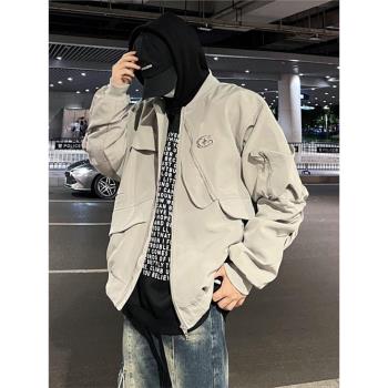 工裝夾克外套男生春秋季美式復古街頭飛行員上衣服潮牌寬松棒球服