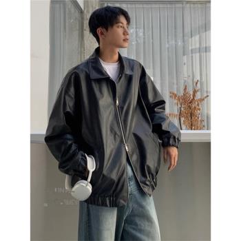 皮衣外套男秋季美式復古潮牌痞帥高階感炸街大碼寬松機車pu皮夾克