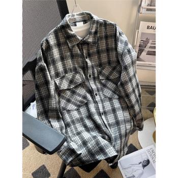 日系復古格子襯衫男長袖vintage潮牌工裝襯衣春秋季寬松休閑外套