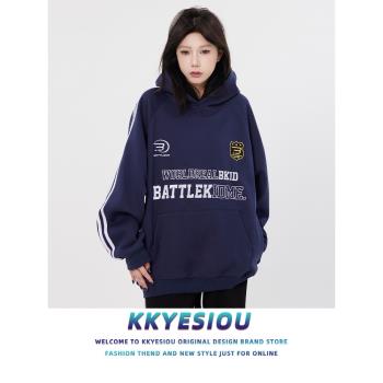 KKyesiou美式復古潮牌字母三條槓連帽衛衣男女oversize情侶bf外套