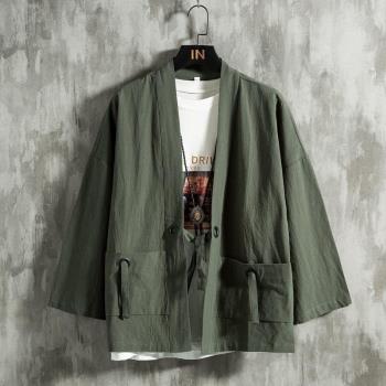 夏季中國風羽織道袍男士漢服開衫棉麻日式和服亞麻七分袖襯衫外套