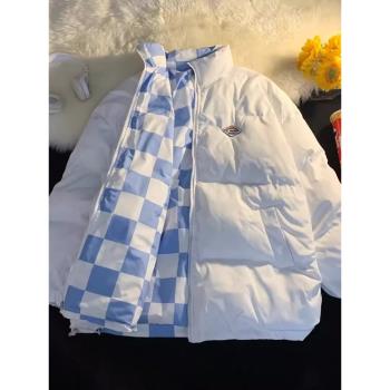 兩面穿羽絨棉服外套男冬加厚潮牌oversize格子情侶麵包服棉衣襖子