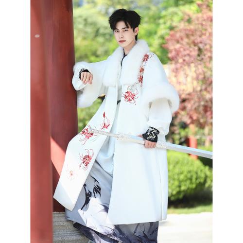 白色漢服男正版原創武俠俠客古風刺繡彼岸花毛呢披風外套古裝全套