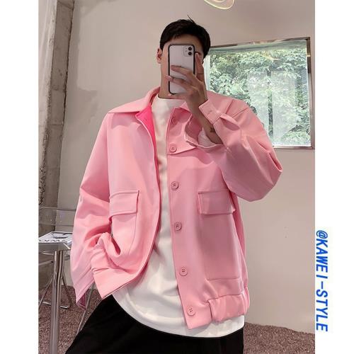 早秋高街芭比粉色外套男潮牌痞帥炸街工裝夾克ins風韓系別致上衣