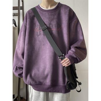 衛衣男春秋季上衣麂皮絨潮牌新款2023款圓領美式復古無帽長袖外套