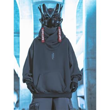 秋冬季hiphop嘻哈高街衛衣男高領連帽加絨加厚寬松刺繡設計感外套