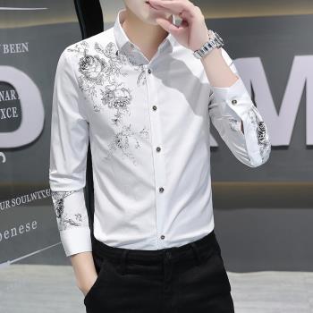 長袖襯衣青少年學生印花襯衫男士休閑寸衫韓版修身寸衣服男裝外套