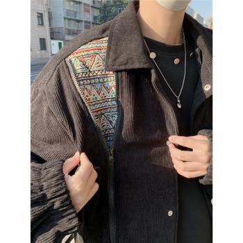 日系小眾拼接燈芯絨外套男士痞帥春秋設計高階感寬松工裝襯衫夾克