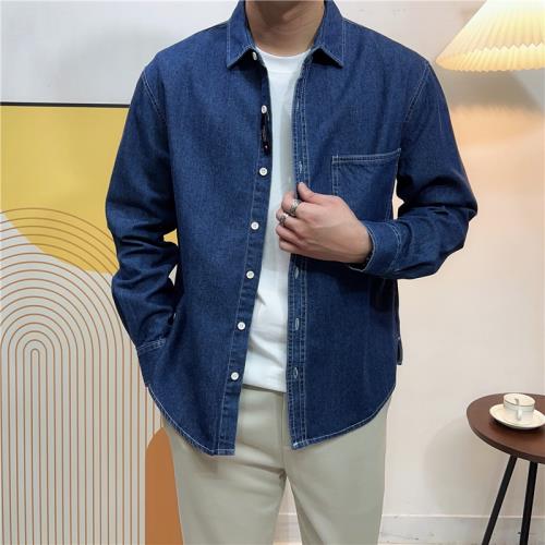 高檔長袖牛仔工裝襯衫潮男春秋季休閑牛仔褂百搭寬松襯衣外套長袖