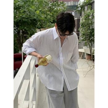 港風帥氣條紋襯衫男長袖春秋潮ins寬松休閑襯衣韓版潮流男裝外套