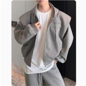 春季高階感墊肩夾克外套男美式復古cleanfit小眾設計連帽衛衣潮牌