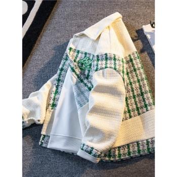 拼接格子小香風外套男高級感潮牌痞帥寬松休閑夾克男士春秋季上衣
