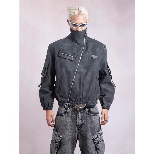 PLAN1ONE原創小眾復古做舊機車皮衣外套設計感短款廓形墊肩飛行服