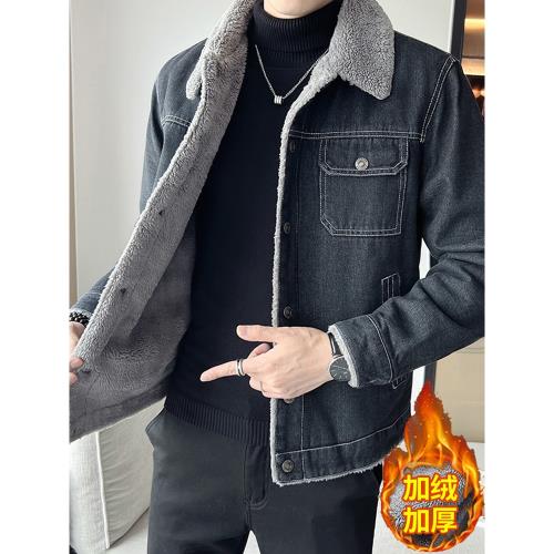 牛仔外套男士秋冬季加絨加厚毛領新款男裝上衣服羊羔絨高品質夾克