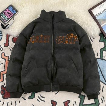 復古刺繡PU皮羽絨服棉服男女冬季加厚oversize寬松皮衣外套ins潮