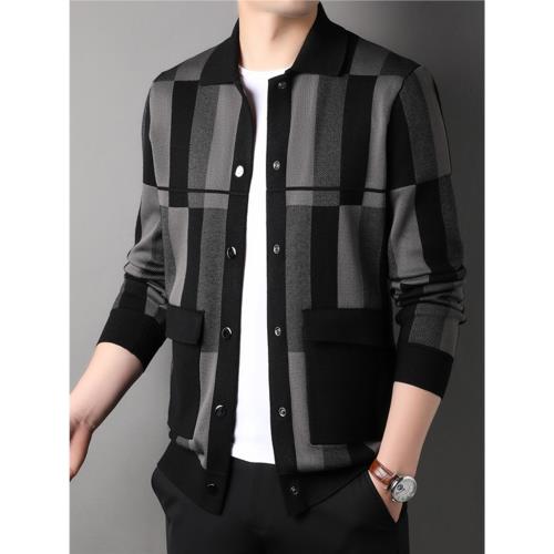2025春秋新款針織開衫男潮流拼色格子翻領毛衣外套夾克休閑上衣服