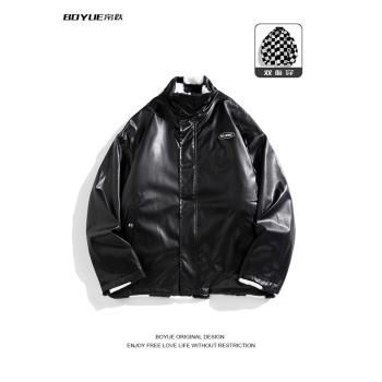 BOYUE帛躍個性痞帥雙面穿pu皮夾克棋盤格仿兔毛冬季棉服ins外套男